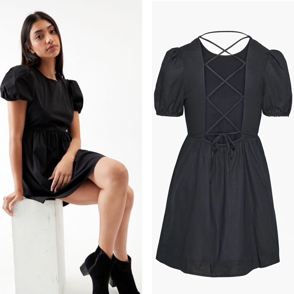 NEW Kendall & Kylie Puff Sleeve Lace-Up Back Poplin Babydoll Dress in Black
